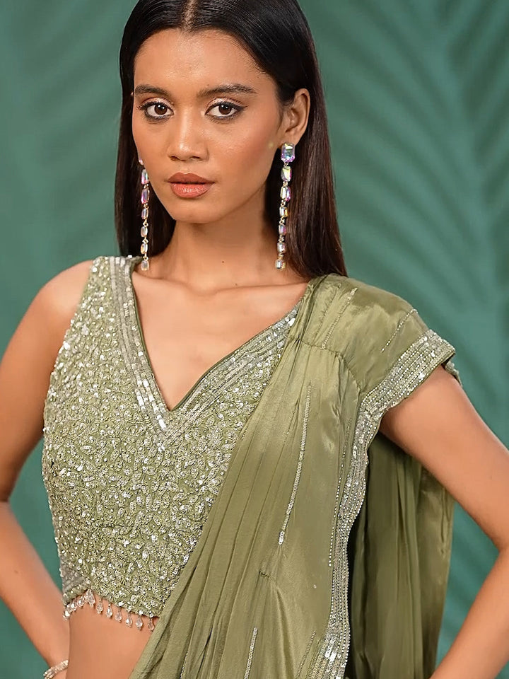 Pre-Stitched Saree with Sequin Embellished Blouse and Beaded Details