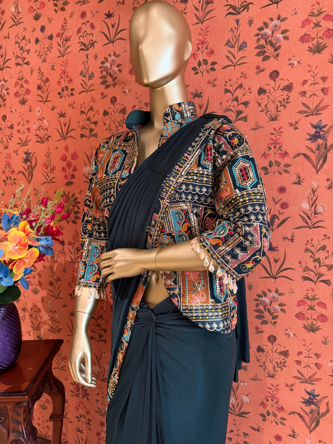 Teal Draped Saree with Multicolour Embroidered Jacket Blouse and Mirror Detailing