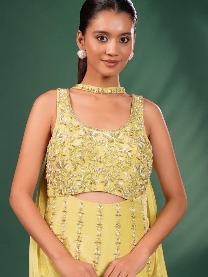 Beads & Stone Work and Embroidered Crop Top Set with Flared Embellished Palazzo and Dupatta