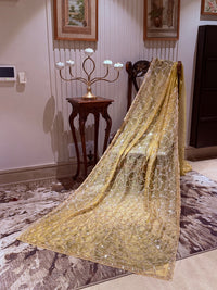 Gold Shimmer Net Saree with Geometric Trellis Mirror & Floral Sequin Handwork Border