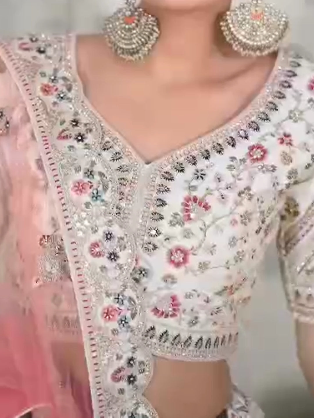 Multicolour Resham Embroidered Lehenga with Peach Net Dupatta