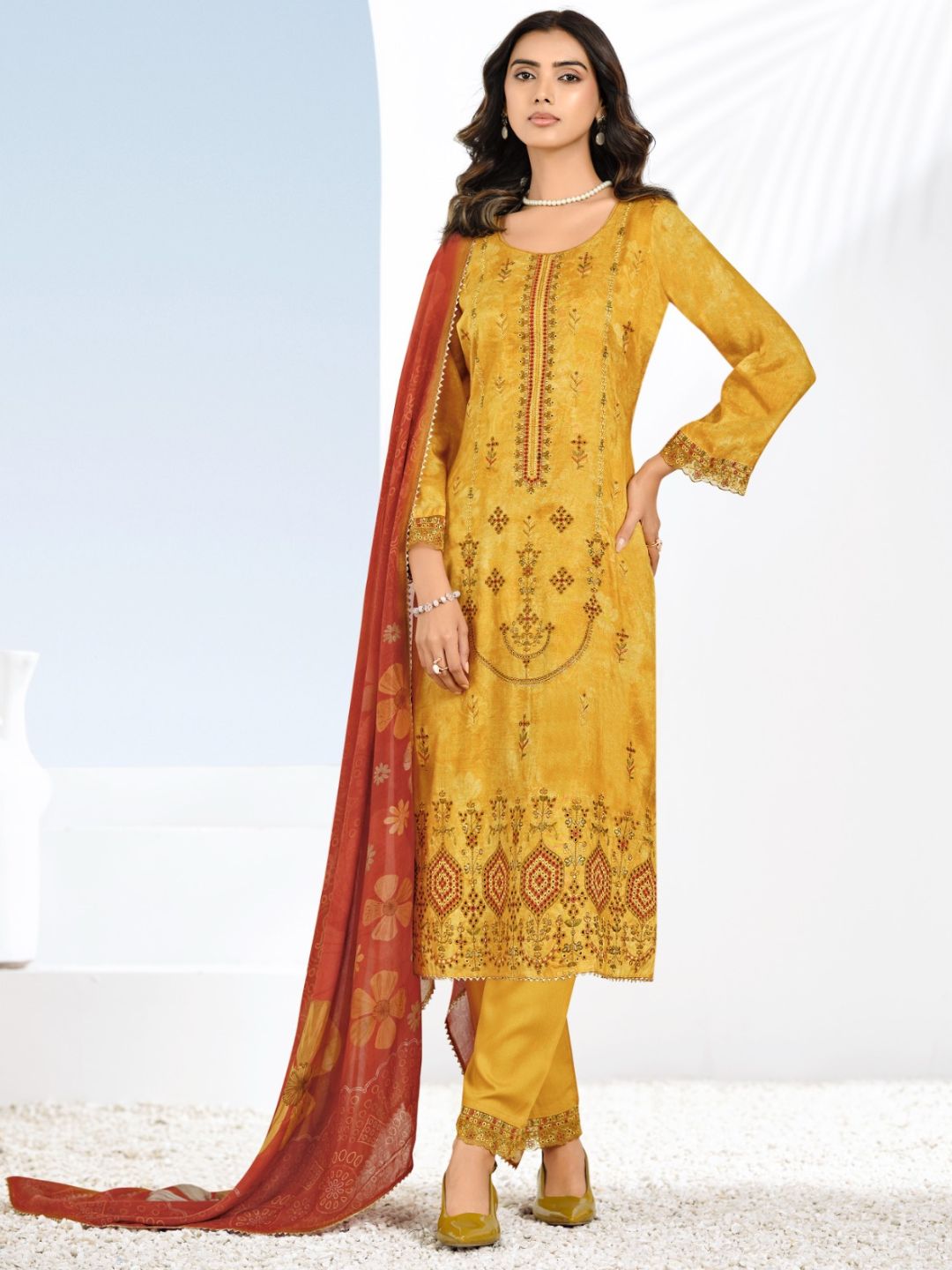 Cotton Printed & Embroidered Unstitched Suit Dupatta in Mustard & Rust