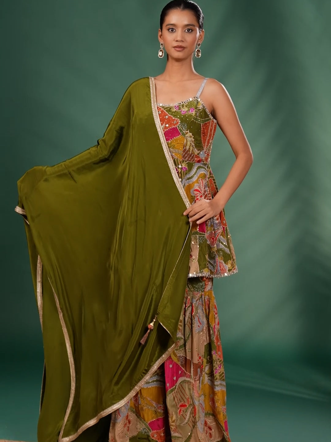 Multicolor Floral & Abstract Embroidery with Mirror and Sequin Work Peplum Kurta Sharara Set with Dupatta