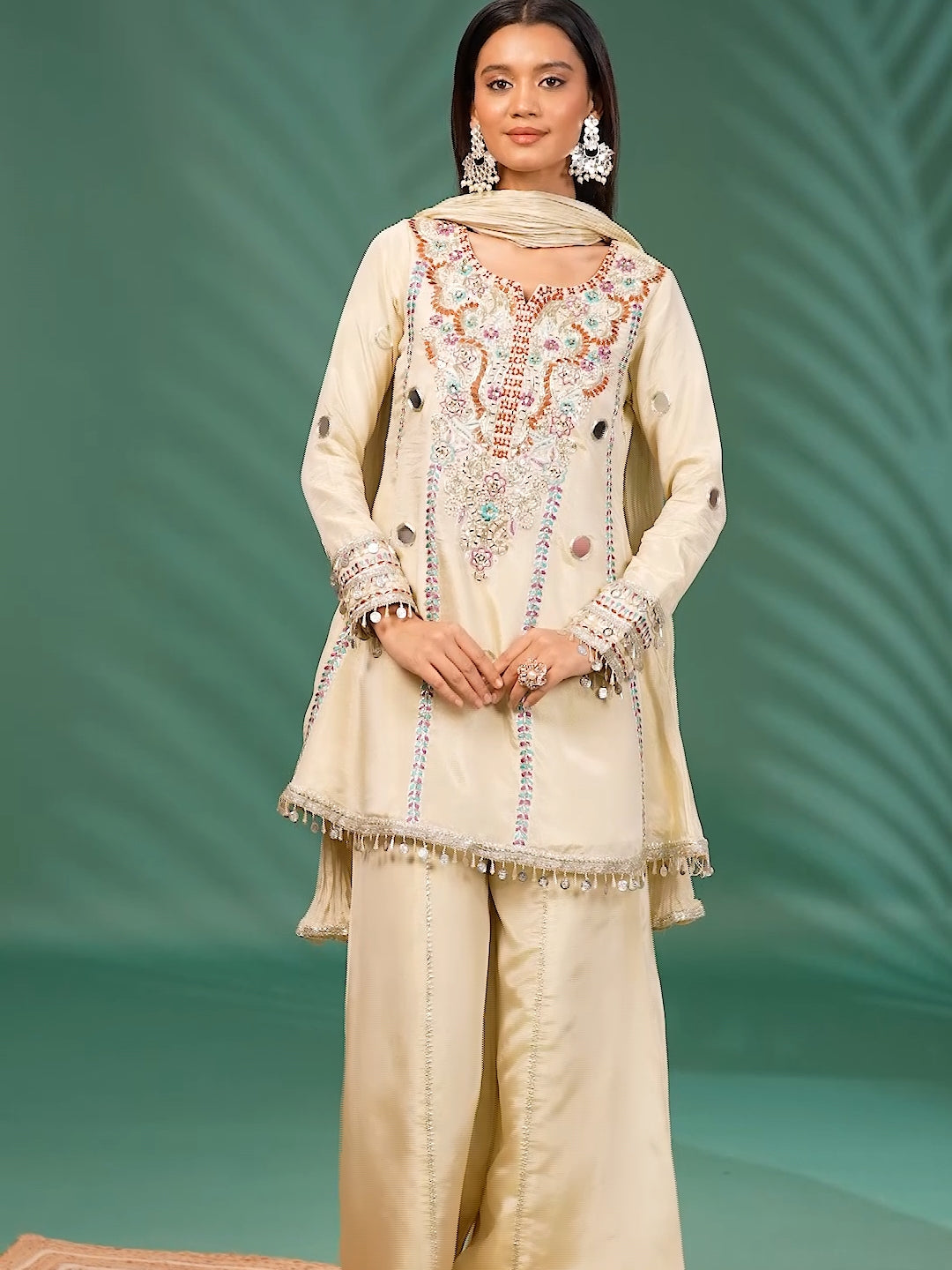 Ivory Mirror & Thread Work Embroidered Silk Kurta Set with Palazzo & Dupatta