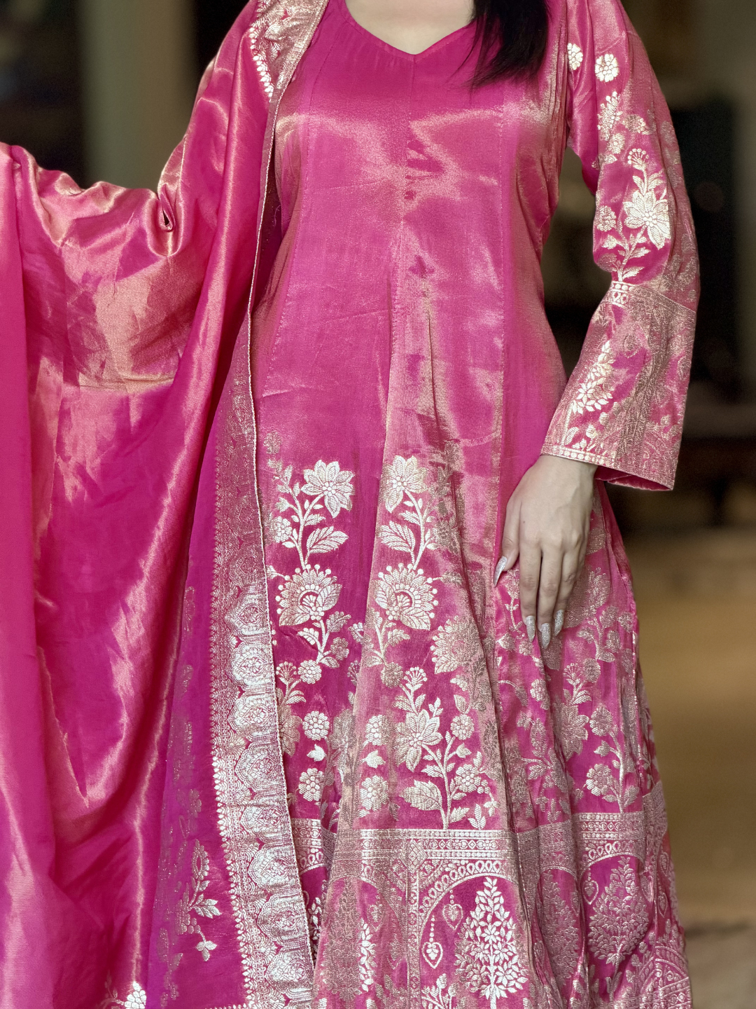 Banarasi Silk Kurta Set with Zari Woven Floral Border, Polka Dot Palazzo & Dupatta