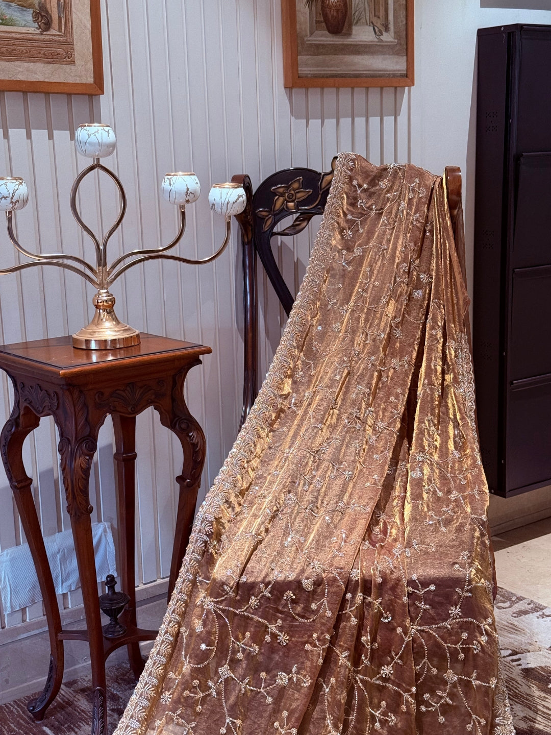 Tissue Saree with Hand-Embroidered Floral Sequins & Ornate Embellished Border