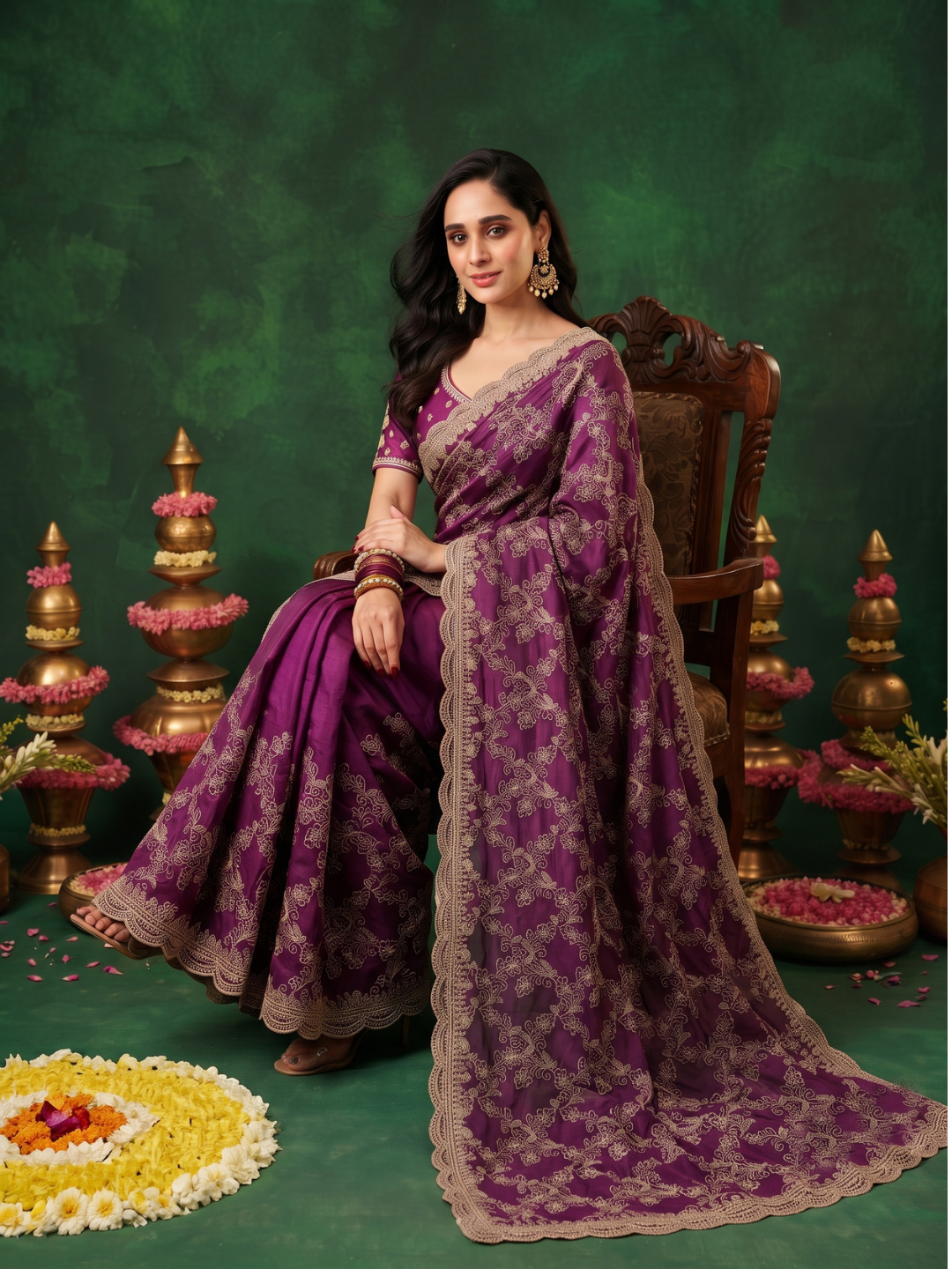 Silk Saree with Zari Floral Jaal Embroidery & Scalloped Cutwork Border