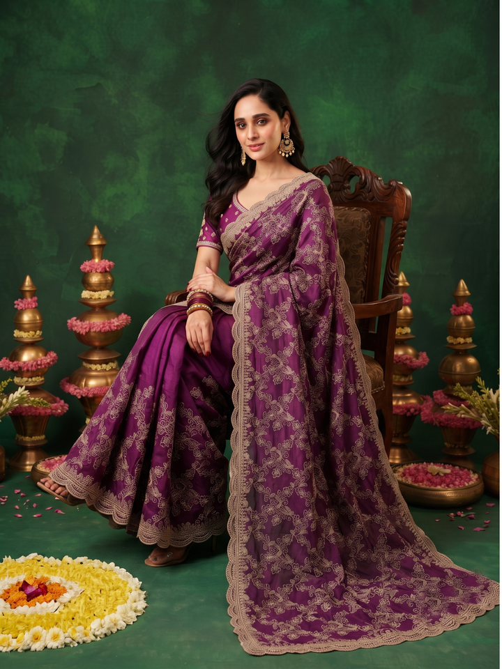 Silk Saree with Zari Floral Jaal Embroidery & Scalloped Cutwork Border