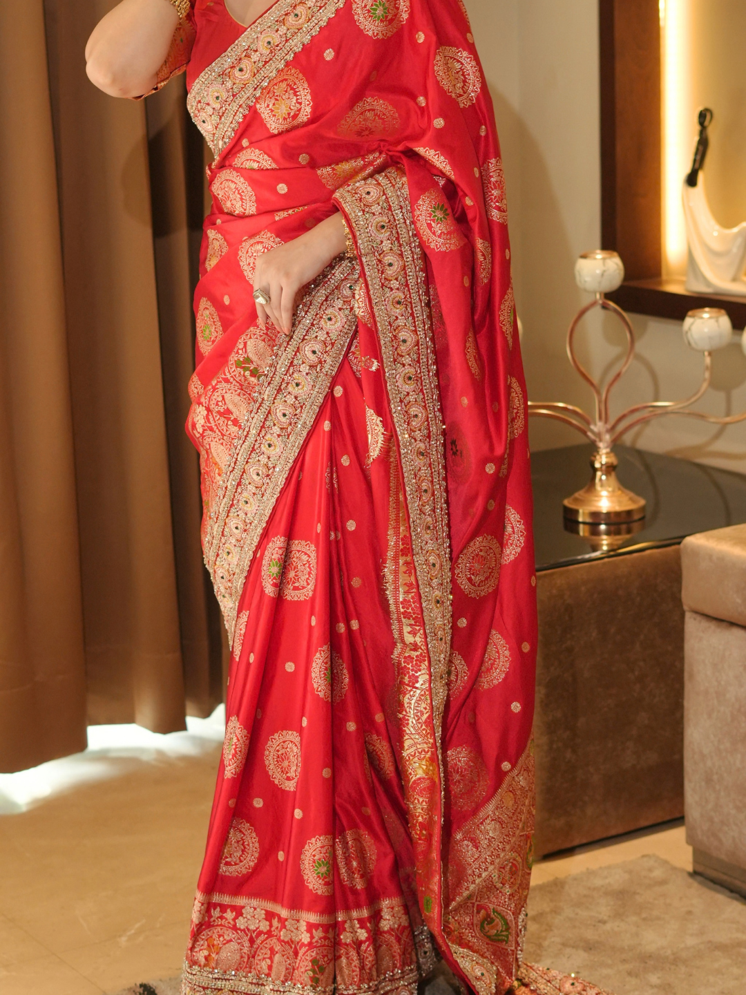 Banarasi Silk Zari Saree with Gold Zari Medallion Motifs, Embroidered Border & Dupatta