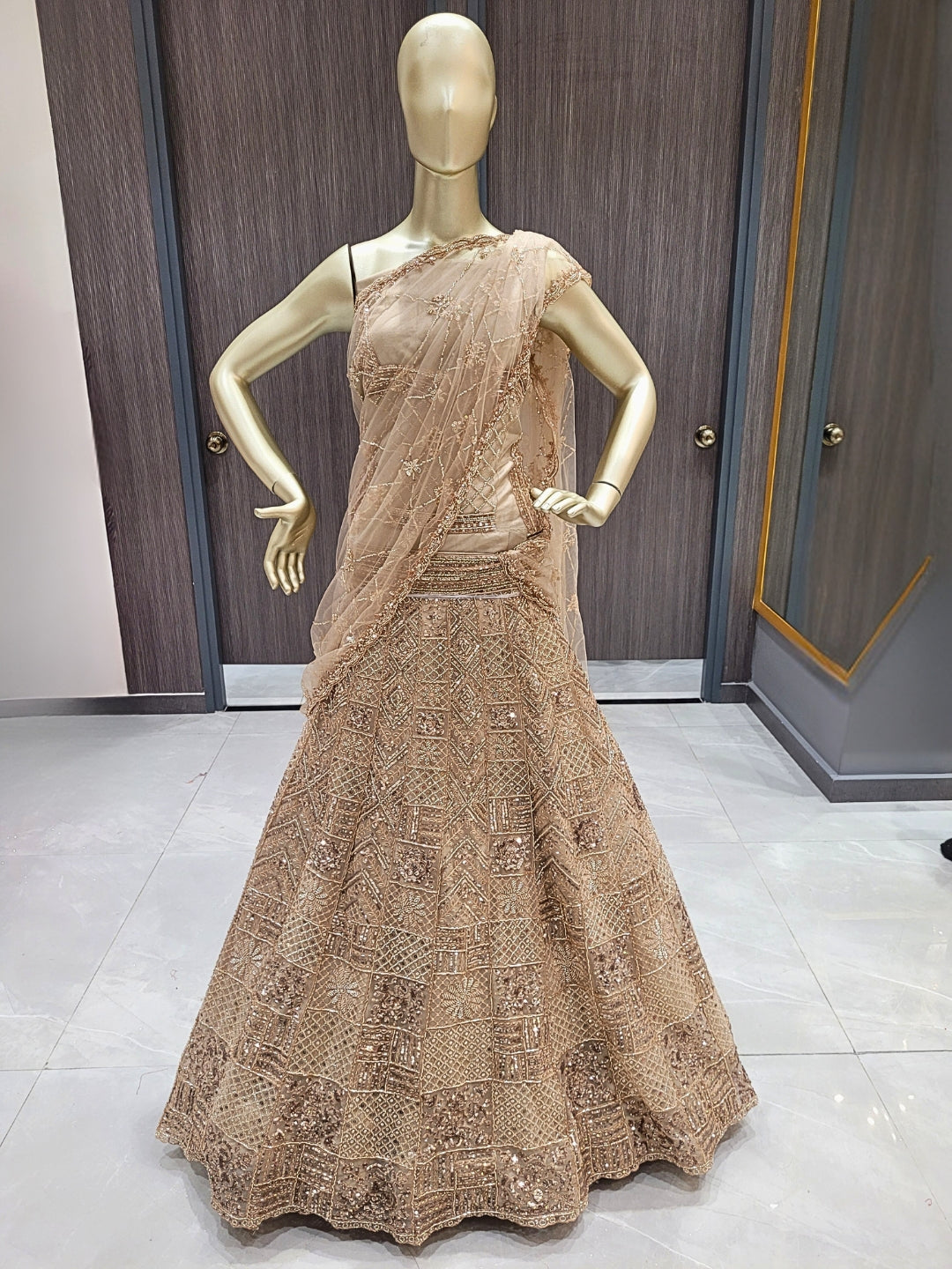 Beige Sequins Embroidered Net Lehenga with Unstitched Blouse & Dupatta