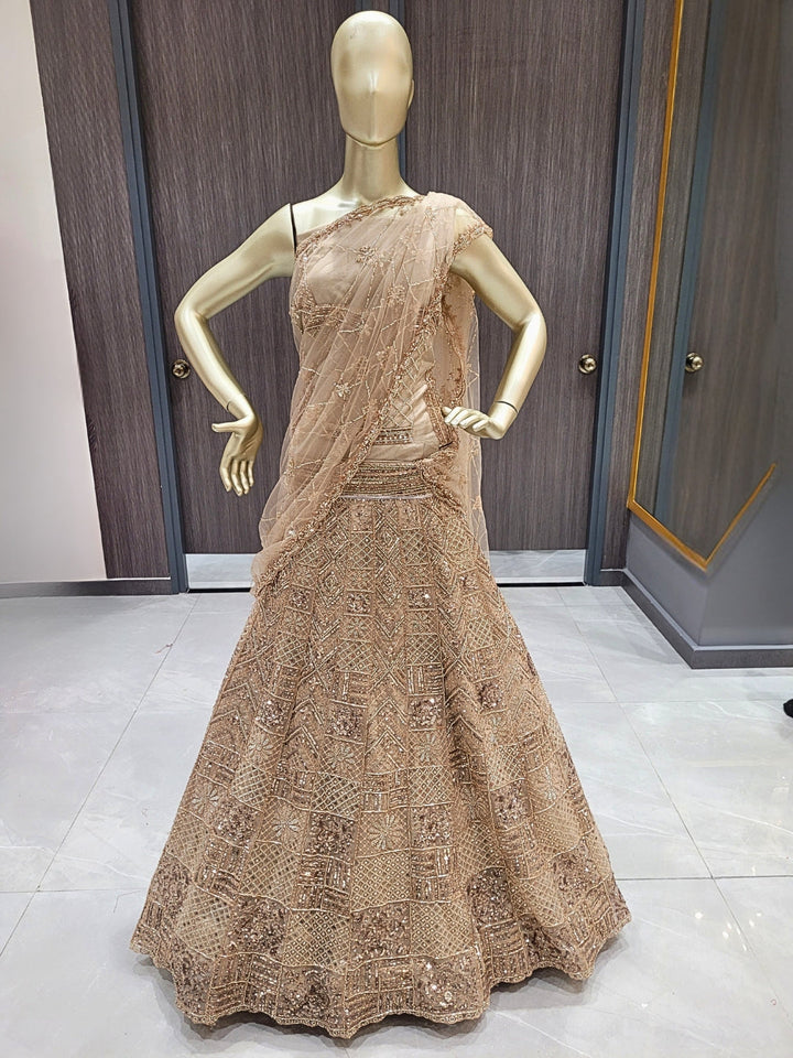 Beige Sequins Embroidered Net Lehenga with Unstitched Blouse & Dupatta