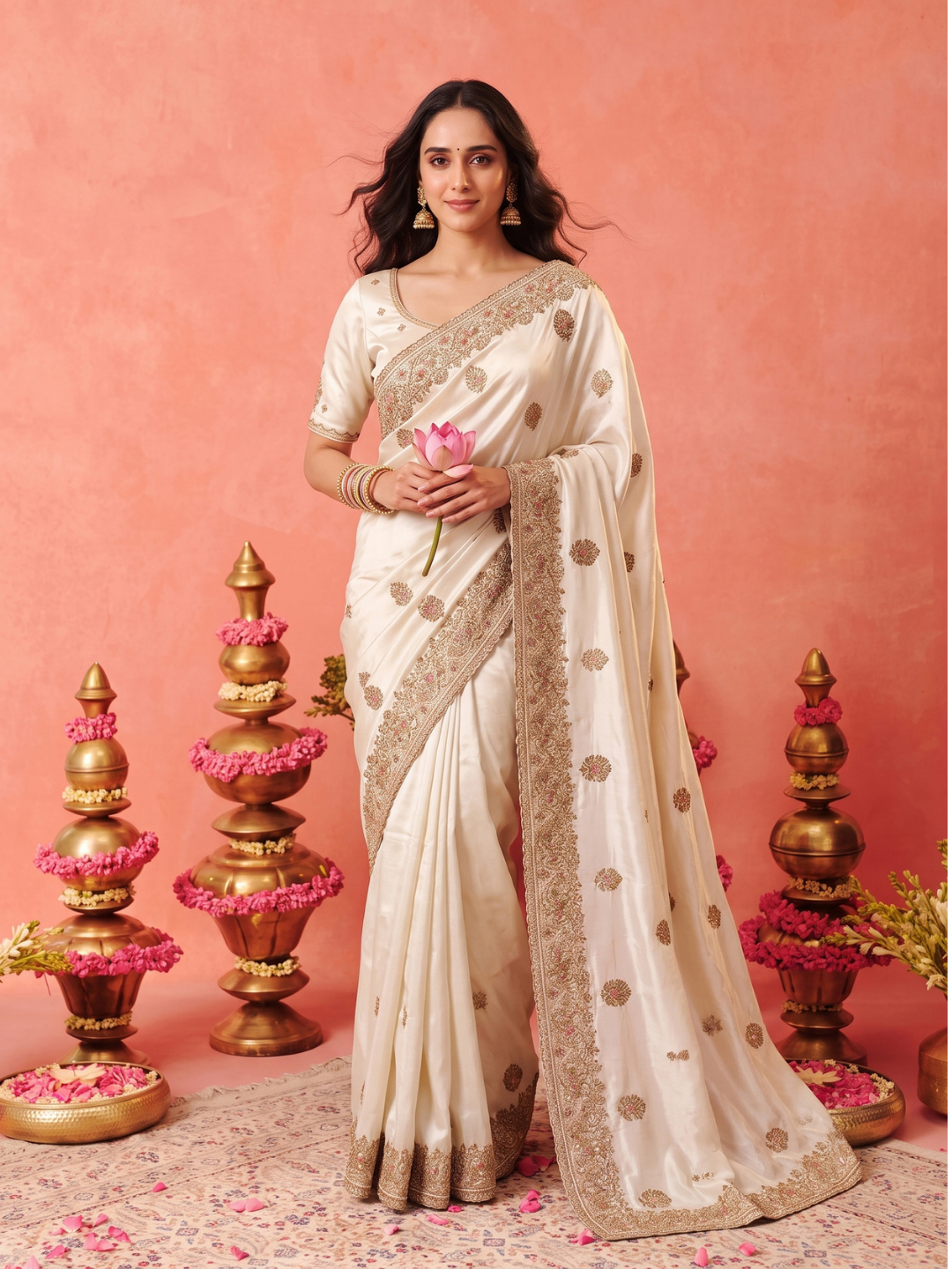 Satin Silk Saree with Antique Zari Booti Embroidery & Heavy Embroidered Border