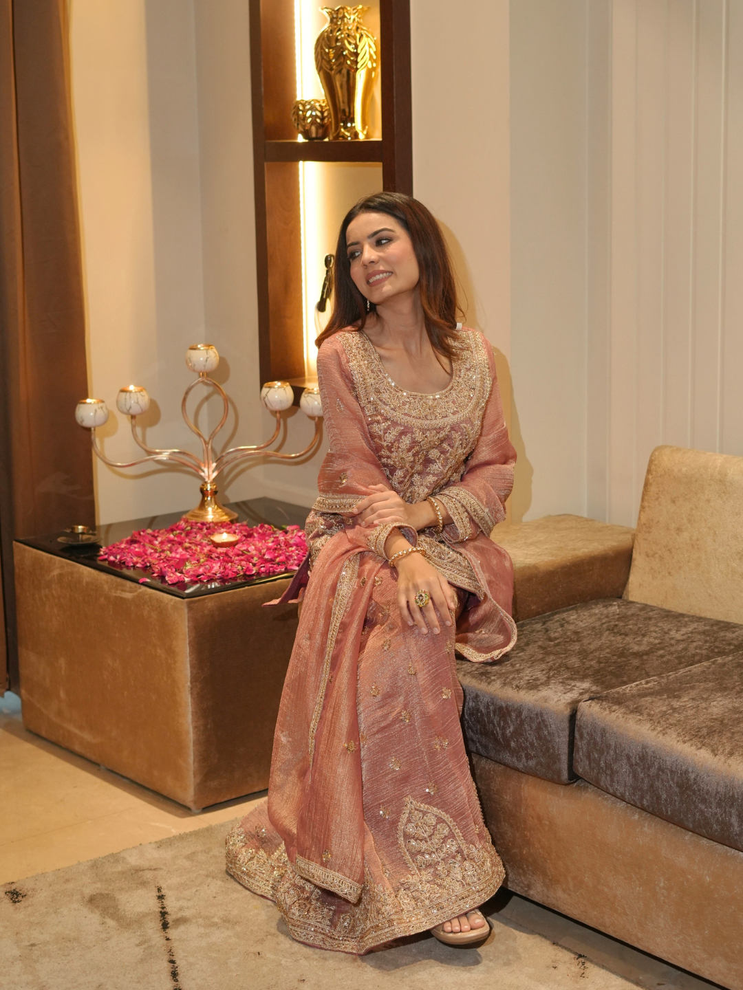 Rose Gold Crushed Tissue Kurta Palazzo Set with Zari Embroidery & Dupatta