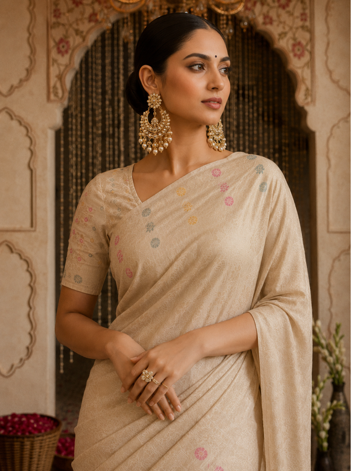 Banarasi Silk Meenakari Zari Jaal Woven Saree with Blouse Piece in Ivory
