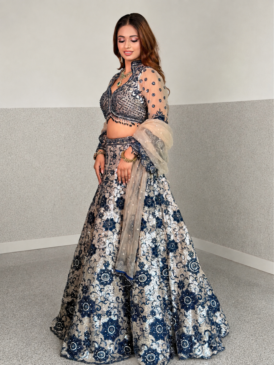 Sequin Floral Embroidered Lehenga Choli Set in Navy Blue Nude