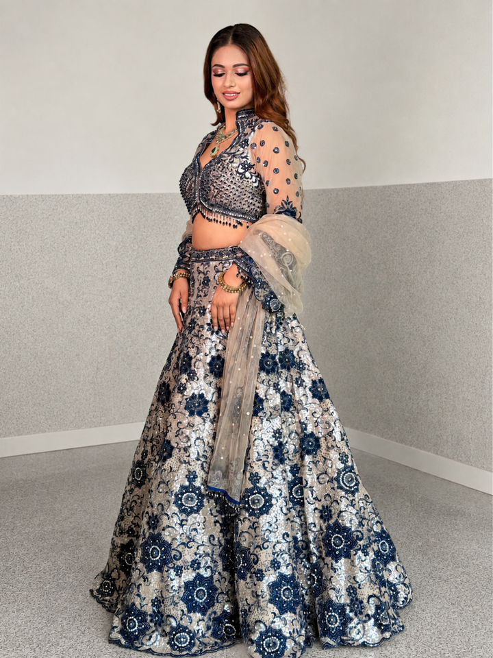 Sequin Floral Embroidered Lehenga Choli Set in Navy Blue Nude