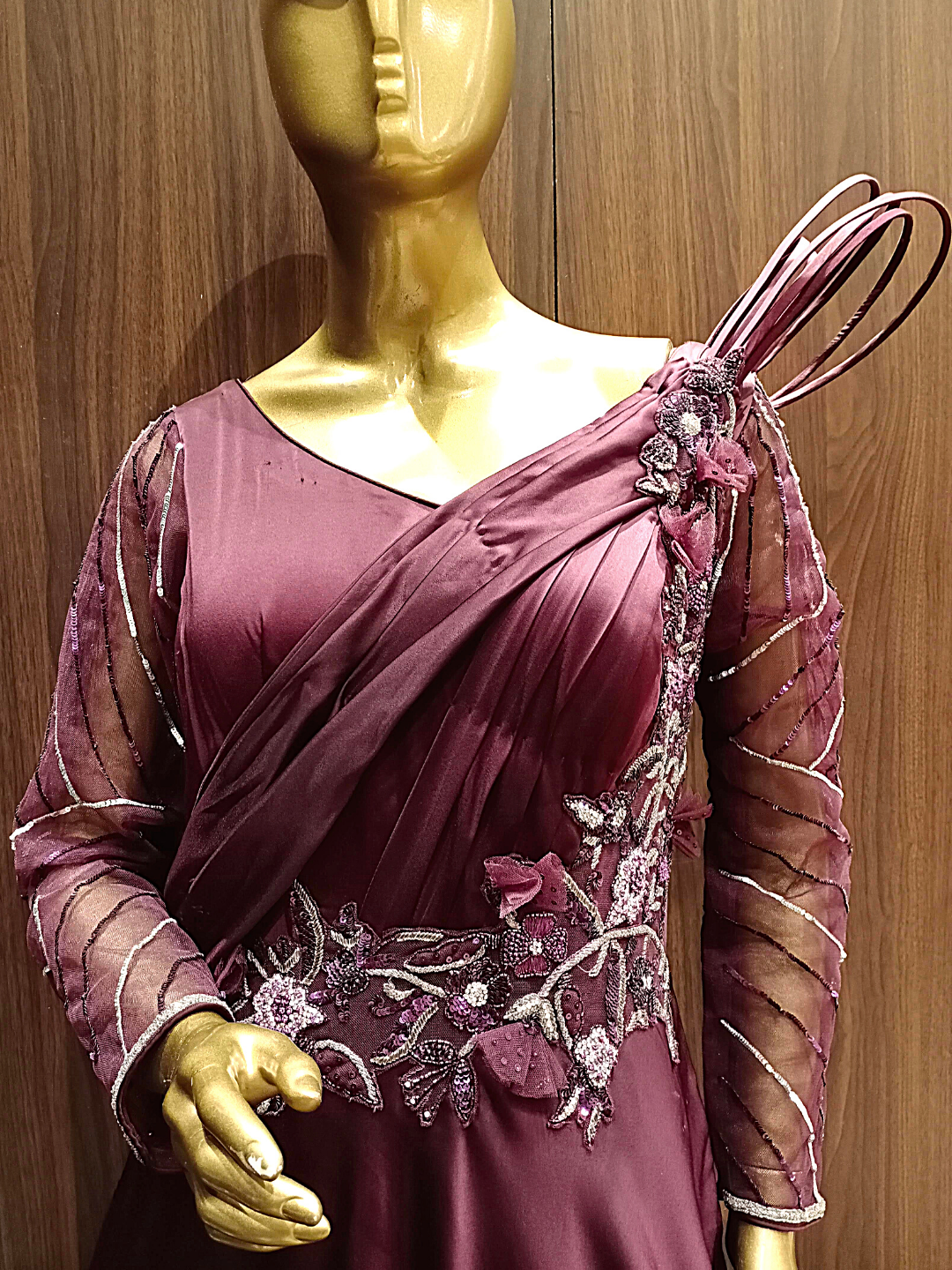 Wine Flared Cocktail Gown With Embroidered Sleeves , Pleating, Pearl Embellishments