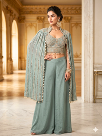 Silk Sequin & Mirror Embroidered Cape Blouse with Palazzo Set in Ice-Blue