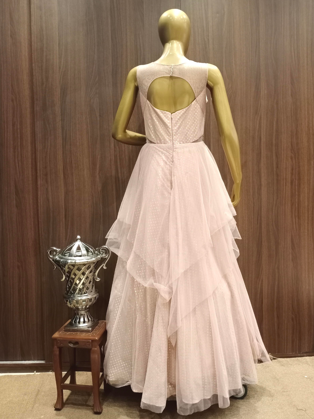 Rose Gold Flared Net Gown With Ruffled Layering & Floral Sequence Embroidery