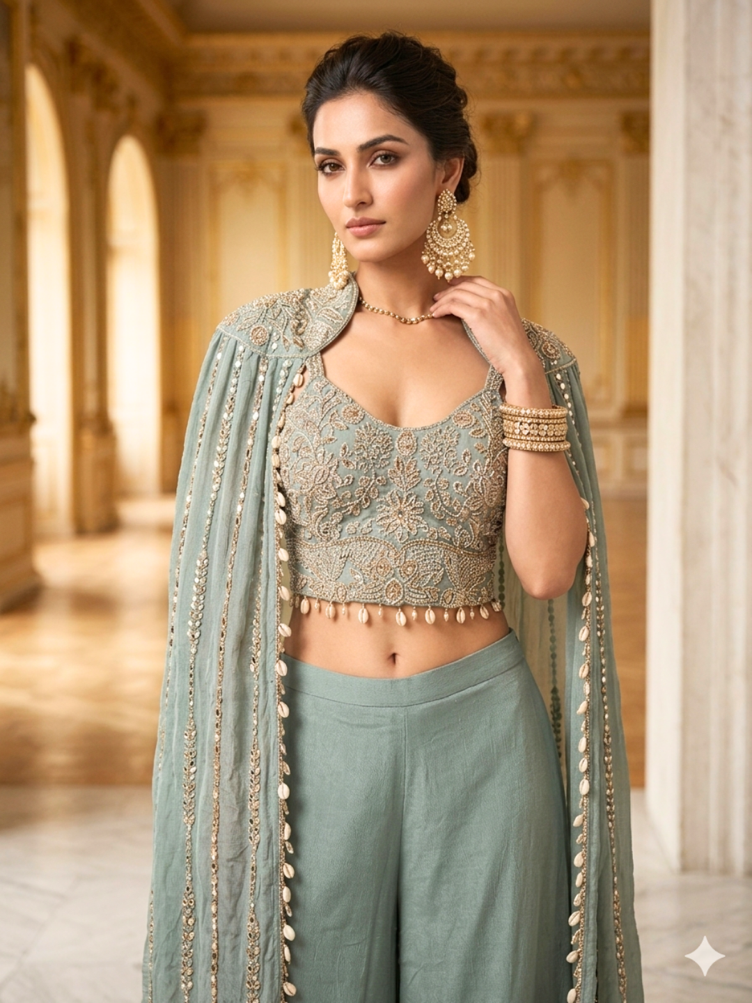 Silk Sequin & Mirror Embroidered Cape Blouse with Palazzo Set in Ice-Blue