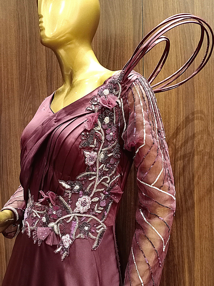 Wine Flared Cocktail Gown With Embroidered Sleeves , Pleating, Pearl Embellishments