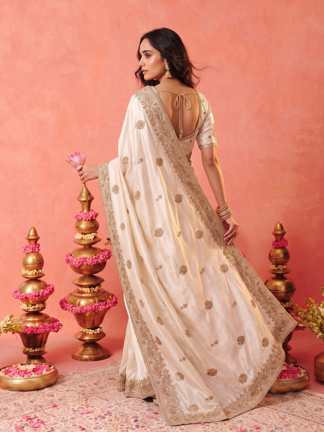 Satin Silk Saree with Antique Zari Booti Embroidery & Heavy Embroidered Border