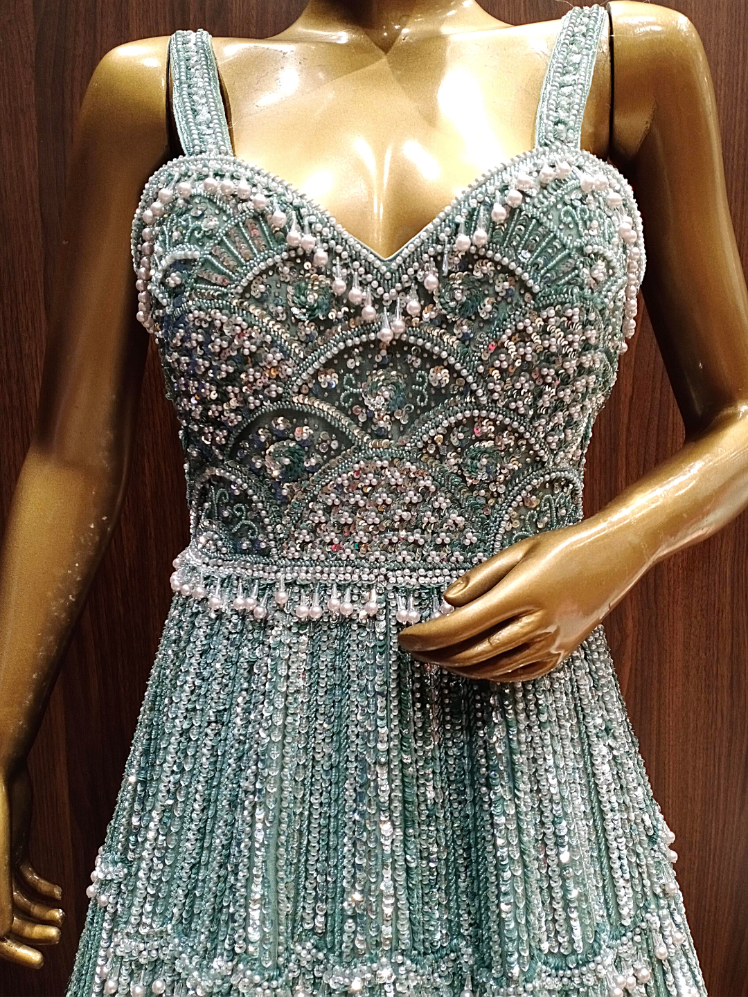 Metallic Ice Blue Crystal Hand Embellished Gown with Pearl Embroidery