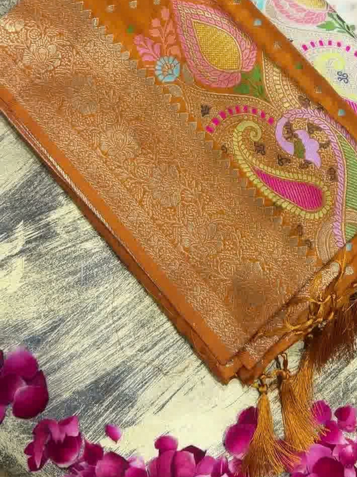 Mustard Banarasi Silk Woven Booti Saree with Multicolor Paisley Pallu