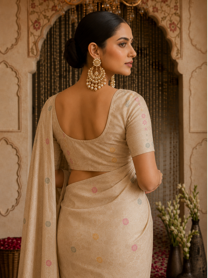Banarasi Silk Meenakari Zari Jaal Woven Saree with Blouse Piece in Ivory