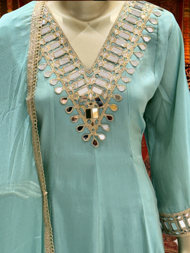 Mirror Work Silk Kurta with Sharara and Dupatta with Mirror Embroidered Pattern