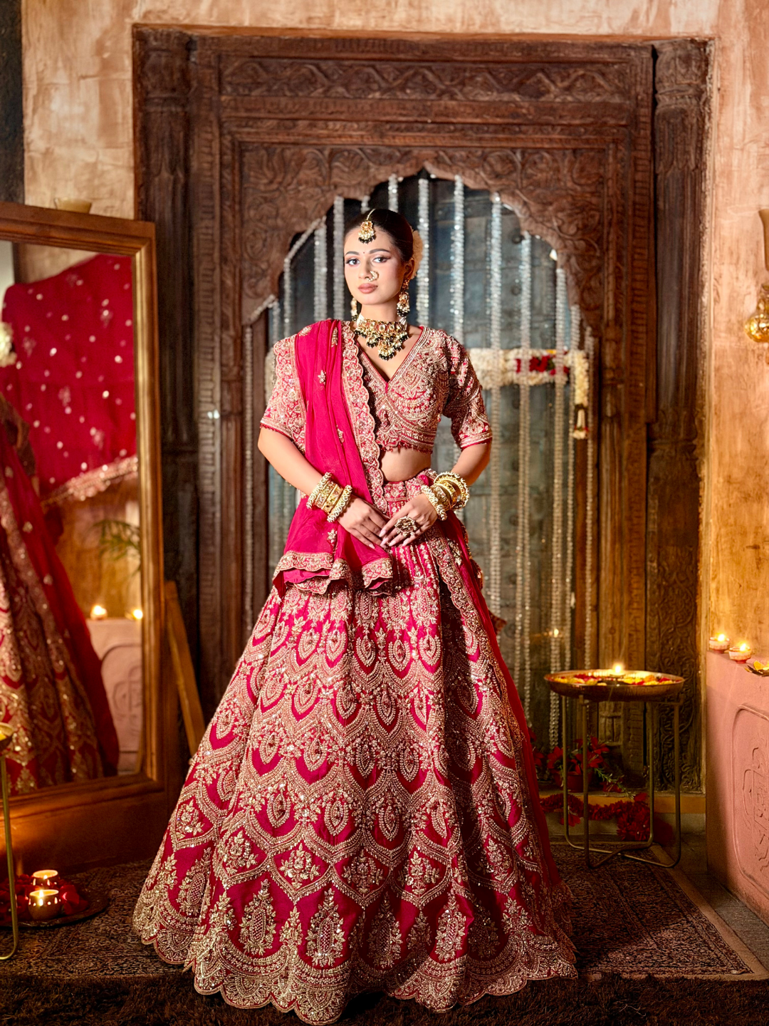 Stone Embellished Paisley Bridal Lehenga Choli Set in Pink Gold