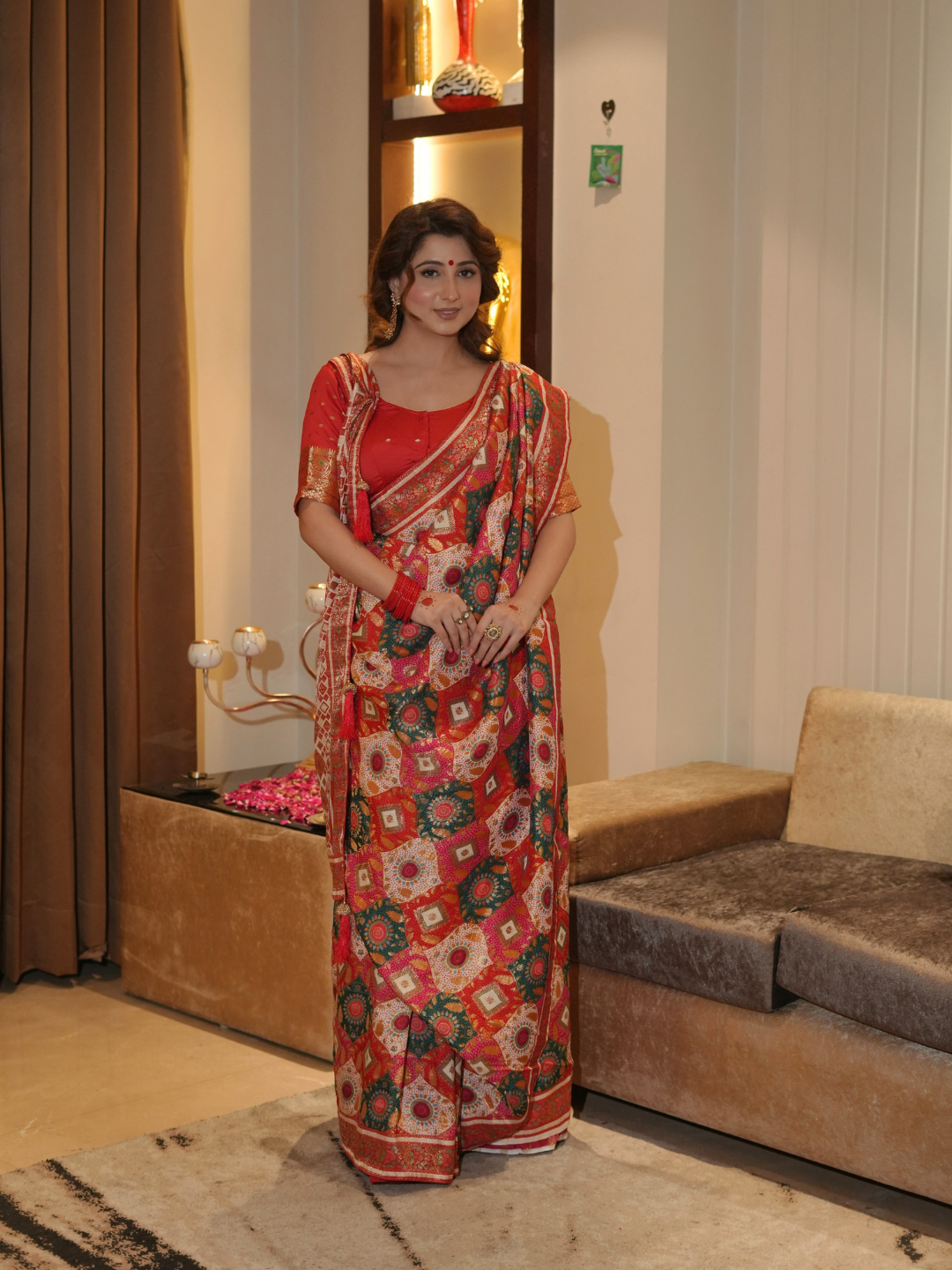 Banarasi Silk Saree with Multicolor Patchwork Geometric Print & Woven Zari Border
