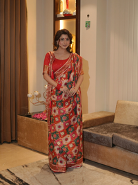 Banarasi Silk Saree with Multicolor Patchwork Geometric Print & Woven Zari Border