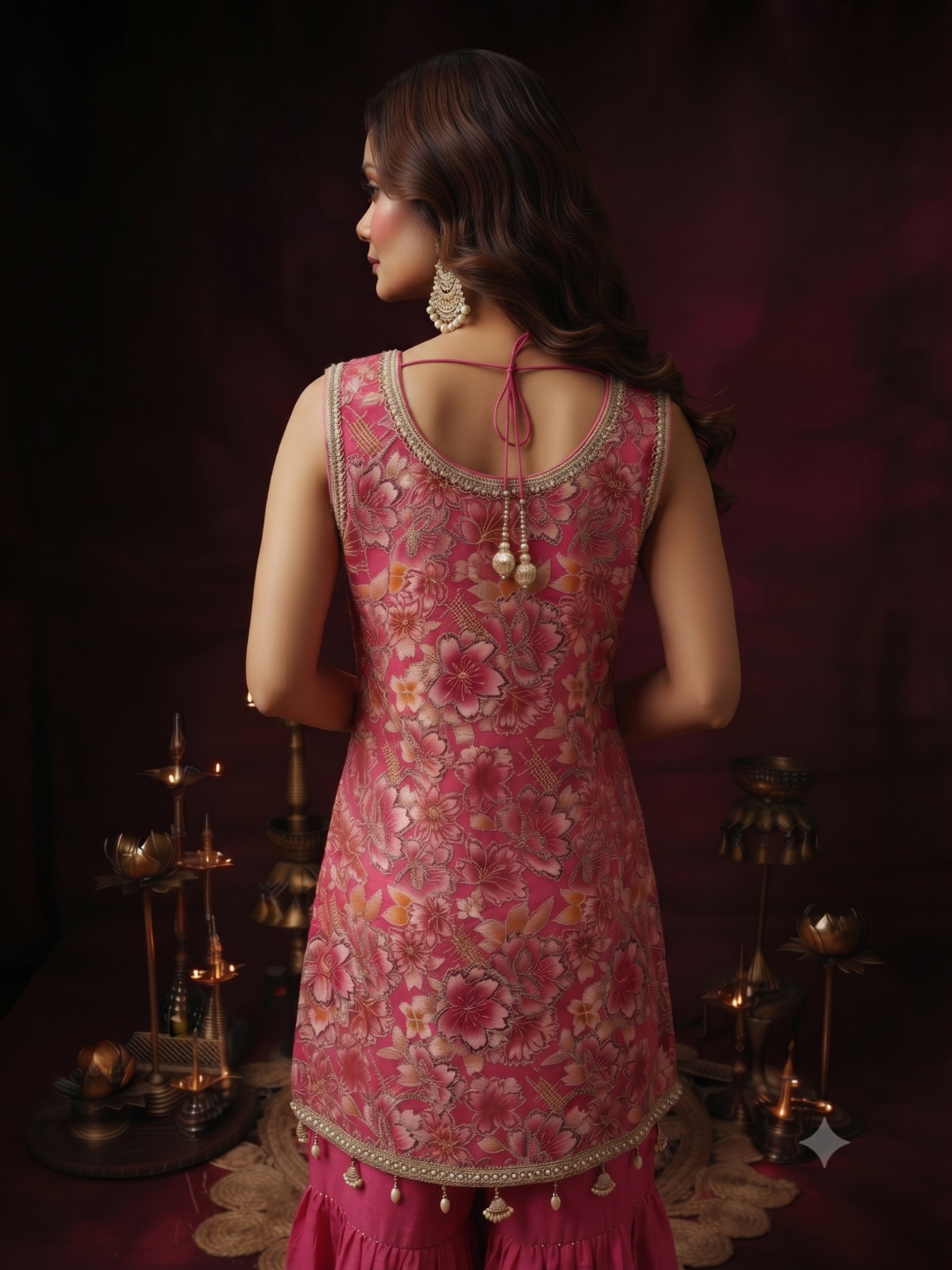 Floral Brocade Sleeveless Kurta with Sharara Set in Rani Pink