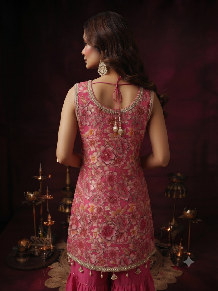 Floral Brocade Sleeveless Kurta with Sharara Set in Rani Pink