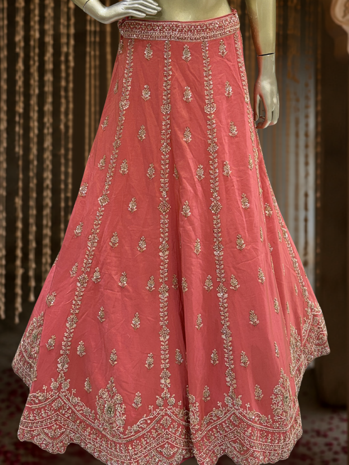 Coral Pink Silk Lehenga Choli with Zari, Sequin & Pearl Floral Booti Embroidery with Pearl Tassel Hem & Net Dupatta