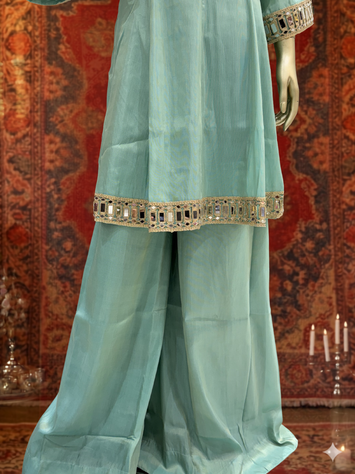 Mirror Work Silk Kurta with Sharara and Dupatta with Mirror Embroidered Pattern