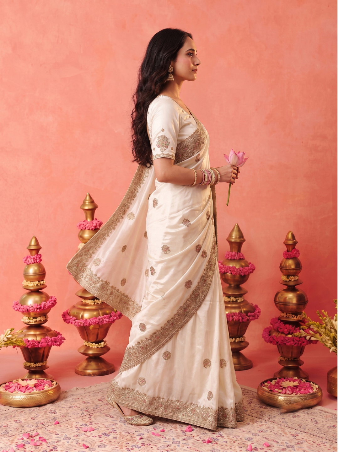 Satin Silk Saree with Antique Zari Booti Embroidery & Heavy Embroidered Border