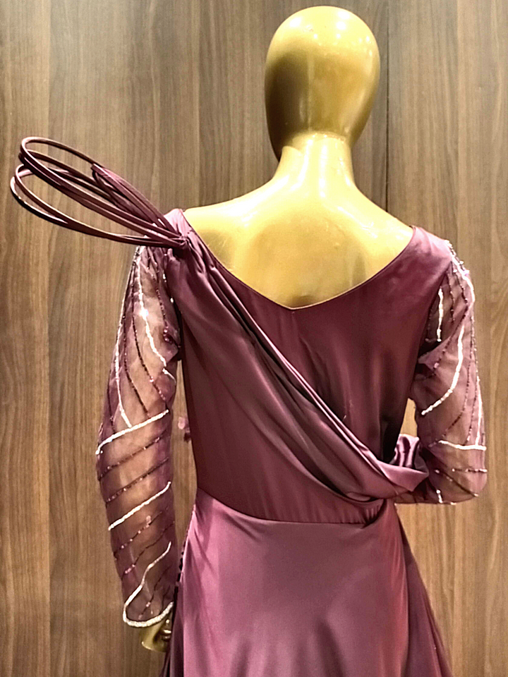 Wine Flared Cocktail Gown With Embroidered Sleeves , Pleating, Pearl Embellishments