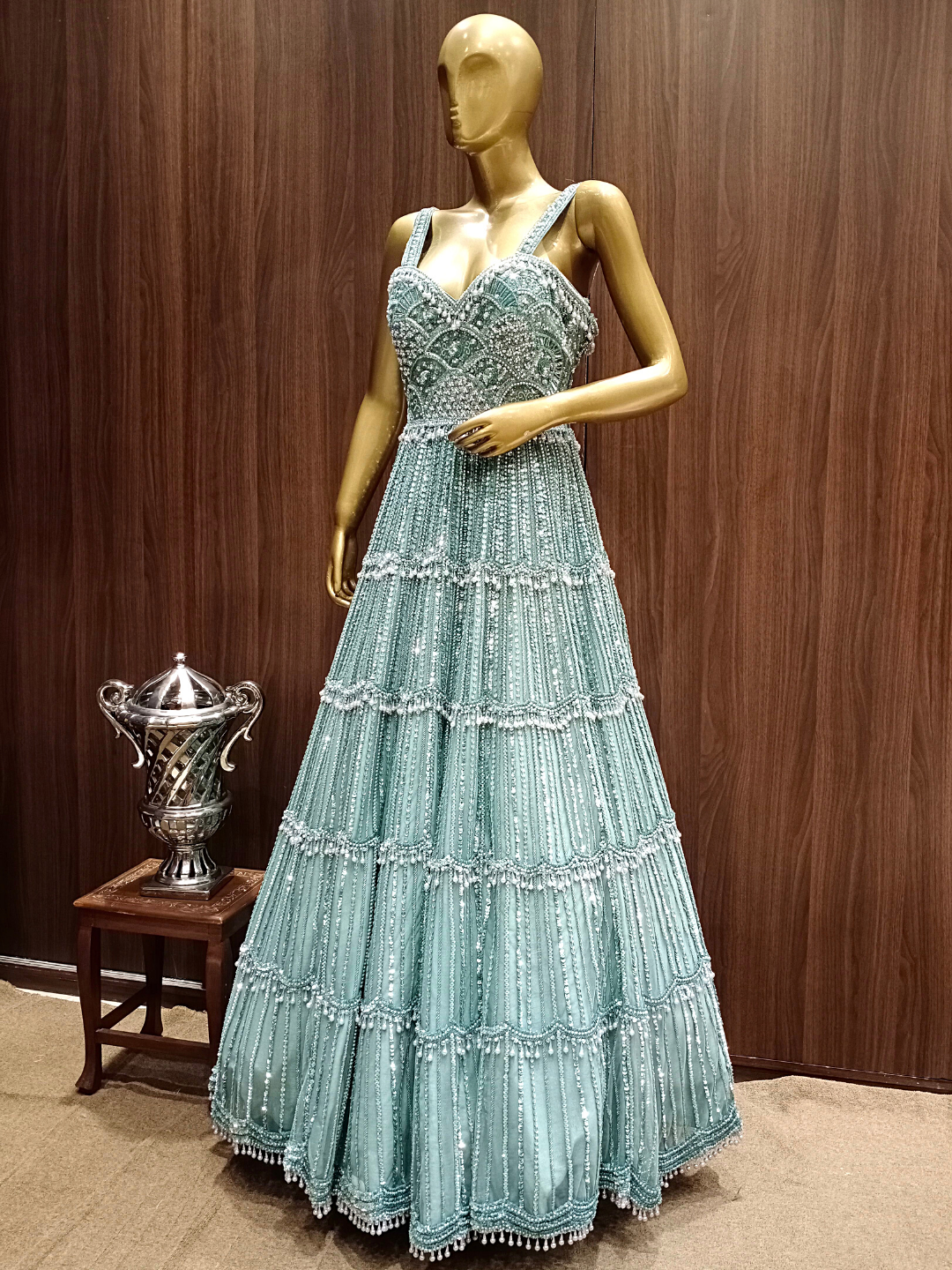Metallic Ice Blue Crystal Hand Embellished Gown with Pearl Embroidery