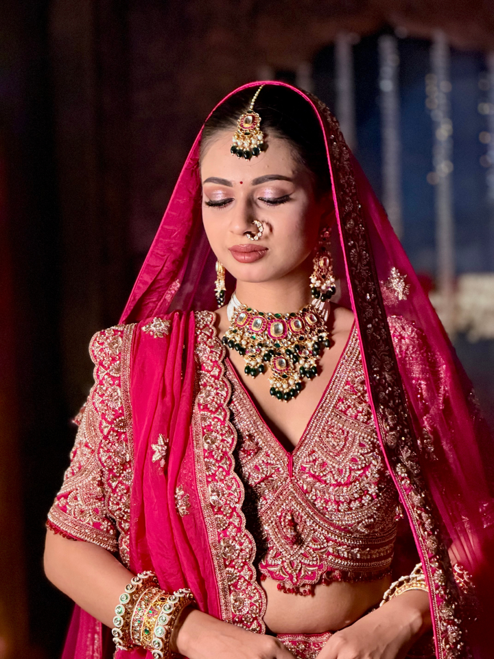 Stone Embellished Paisley Bridal Lehenga Choli Set in Pink Gold