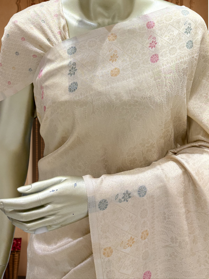 Banarasi Silk Meenakari Zari Jaal Woven Saree with Blouse Piece in Ivory