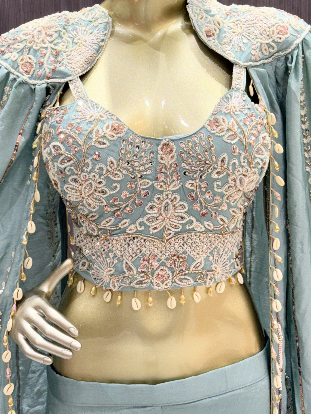 Silk Sequin & Mirror Embroidered Cape Blouse with Palazzo Set in Ice-Blue