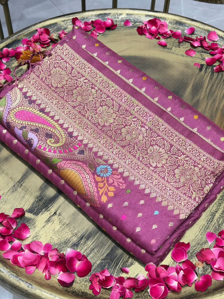 Purple Banarasi Silk Woven Booti Saree with Multicolor Paisley Pallu