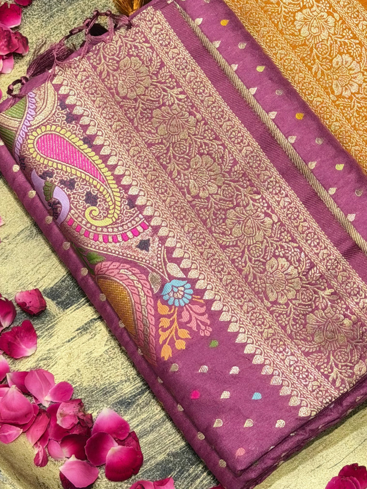 Purple Banarasi Silk Woven Booti Saree with Multicolor Paisley Pallu