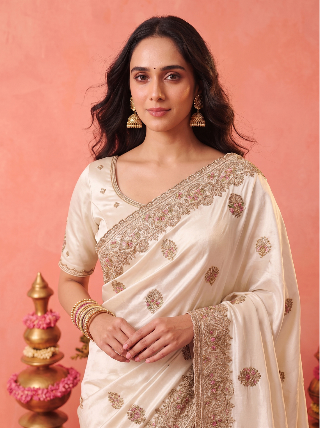 Satin Silk Saree with Antique Zari Booti Embroidery & Heavy Embroidered Border
