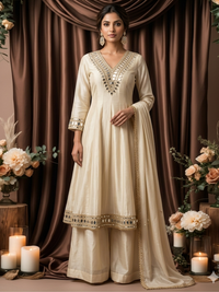 Mirror Work Silk Kurta with Sharara and Dupatta with Mirror Embroidered Pattern
