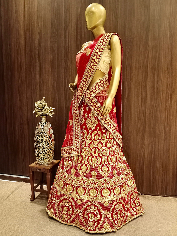 Heavy Ornate Semi-stitched Bridal Lehenga with Gold Zari ,Kundan Embroidery