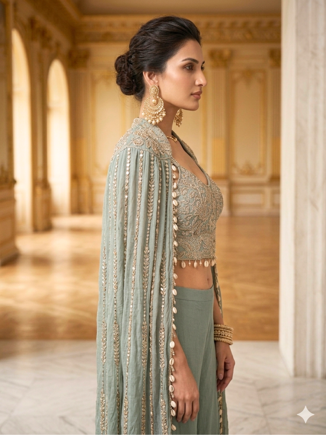 Silk Sequin & Mirror Embroidered Cape Blouse with Palazzo Set in Ice-Blue