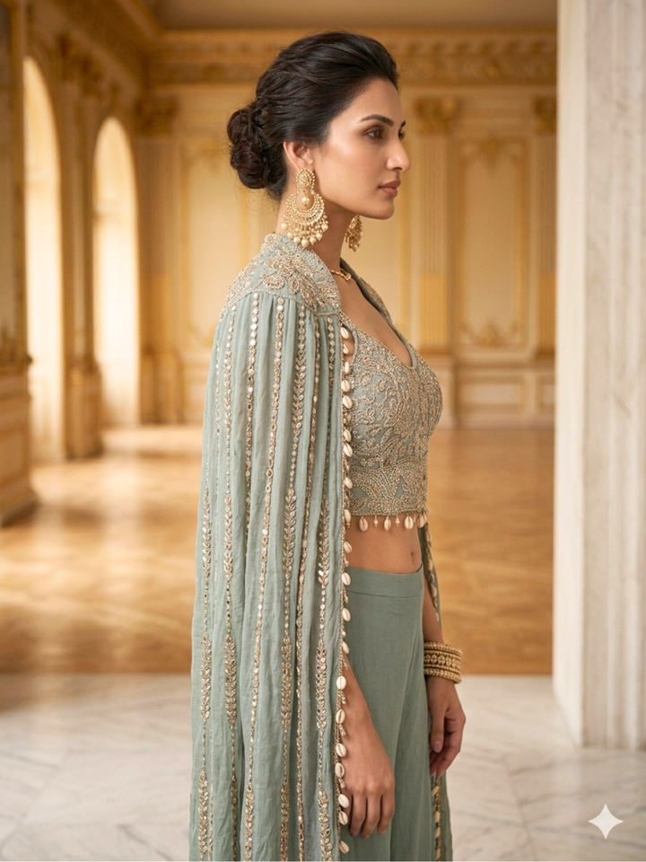 Silk Sequin & Mirror Embroidered Cape Blouse with Palazzo Set in Ice-Blue